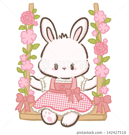 Cute Chibi White Bunny Wearing Pink Gingham Dirndl Sitting On Flower Covered Wooden Swing Bavarian Spring Meadow Kawaii Character Illustration Cute Chibi White Bunny Wearing Pink Gingham Dirndl Sitting On Flower Covered Wooden Swing Bavarian Spring Meadow Kawaii Character Illustration 142427518