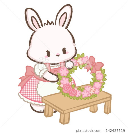 Cute Chibi White Bunny Wearing Pink Gingham Dirndl Making Pink Floral Wreath On Wooden Table Bavarian Cottage Garden Kawaii Character Illustration Cute Chibi White Bunny Wearing Pink Gingham Dirndl Making Pink Floral Wreath On Wooden Table Bavarian Cottage Garden Kawaii Character Illustration 142427519