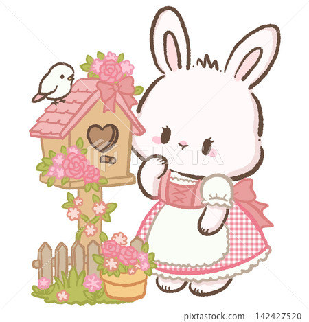Cute Chibi White Bunny Wearing Pink Gingham Dirndl Beside Floral Birdhouse With Little Bird Bavarian Cottage Garden Kawaii Character Illustration Cute Chibi White Bunny Wearing Pink Gingham Dirndl Beside Floral Birdhouse With Little Bird Bavarian Cottage Garden Kawaii Character Illustration 142427520