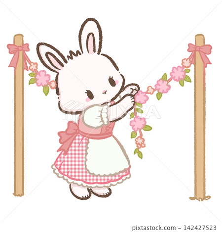 Cute Chibi White Bunny Wearing Pink Gingham Dirndl Decorating Floral Garland Between Wooden Posts Bavarian Cottage Garden Kawaii Character Illustration Cute Chibi White Bunny Wearing Pink Gingham Dirndl Decorating Floral Garland Between Wooden Posts Bavarian Cottage Garden Kawaii Character Illustration 142427523