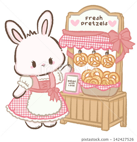 Cute Chibi White Bunny Wearing Pink Gingham Dirndl Beside Fresh Pretzel Market Stand Bavarian Village Oktoberfest Kawaii Character Illustration Cute Chibi White Bunny Wearing Pink Gingham Dirndl Beside Fresh Pretzel Market Stand Bavarian Village Oktoberfest Kawaii Character Illustration 142427526