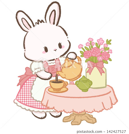 Cute Chibi White Bunny Wearing Pink Gingham Dirndl Pouring Tea At Floral Garden Table Bavarian Cottagecore Spring Kawaii Character Illustration Cute Chibi White Bunny Wearing Pink Gingham Dirndl Pouring Tea At Floral Garden Table Bavarian Cottagecore Spring Kawaii Character Illustration 142427527