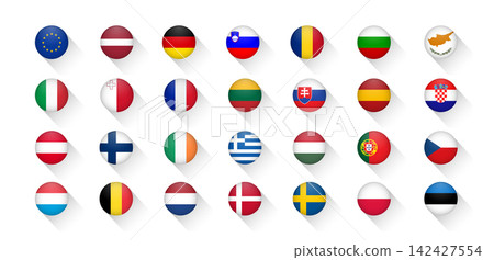Official European Union member states national flags set in creative flat design style as vector circle icons for web interface and language selection 142427554