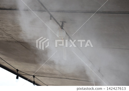 A view of a concrete ceiling and a mist shower. A view of a concrete ceiling and a mist shower. 142427613
