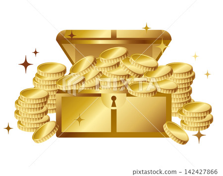 一堆奢華的金幣和一個寶箱——黃金 一堆奢華的金幣和一個寶箱——黃金 142427866