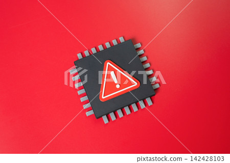 Microchip with a warning sign. Manufacturing defect and dangerous technology concept. Firmware problems, technical failure and security risks require urgent attention. Microchip with a warning sign. Manufacturing defect and dangerous technology concept. Firmware problems, technical failure and security risks require urgent attention. 142428103