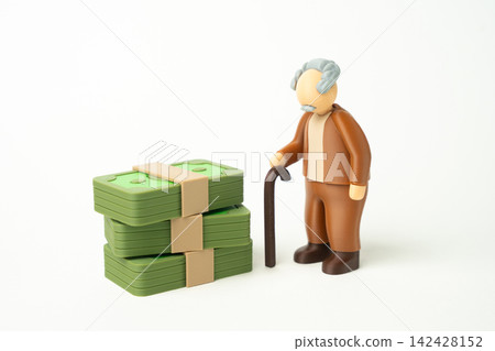 An elderly man with a cane and a stack of money. Savings and pension. Financial assets, inheritance and maintenance expenses shape retirement planning and long term security. 142428152