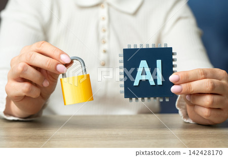 AI chip and padlock icon. Security and protection concept. Data encryption, cybersecurity and secure artificial intelligence systems protect digital information. AI chip and padlock icon. Security and protection concept. Data encryption, cybersecurity and secure artificial intelligence systems protect digital information. 142428170