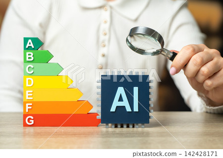 AI microchip and energy efficiency scale. Artificial intelligence model tier list and ranking concept. Performance assessment compares efficiency and technology levels. 142428171