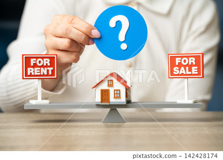 Sell or rent out real estate. Buy or rent a home concept. Housing decisions involve property investment, affordability and changing market conditions. Sell or rent out real estate. Buy or rent a home concept. Housing decisions involve property investment, affordability and changing market conditions. 142428174