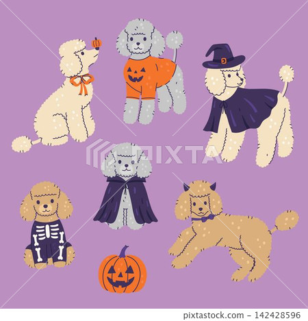 Cute cartoon poodles in Halloween costumes vector illustration set 142428596