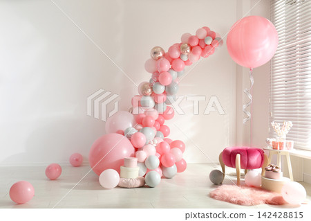 Room decorated with colorful balloons for party Room decorated with colorful balloons for party 142428815