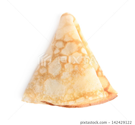 Folded fresh thin pancake isolated on white, top view Folded fresh thin pancake isolated on white, top view 142429122