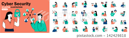 Cyber security flat concepts with people mega set. Collection scenes of featuring data protection, online privacy, encryption, secure access, passwords, network security. Bundle vector illustrations. Cyber security flat concepts with people mega set. Collection scenes of featuring data protection, online privacy, encryption, secure access, passwords, network security. Bundle vector illustrations. 142429818