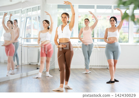 Sporty happy young girl demonstrating fourth ballet position with group of young girls in choreography studio Sporty happy young girl demonstrating fourth ballet position with group of young girls in choreography studio 142430029