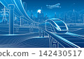 Futuristic high speed train traveling on an elevated railway through a modern city with curved transportation infrastructure, power lines, wind turbines, mountains and airplane 142430517