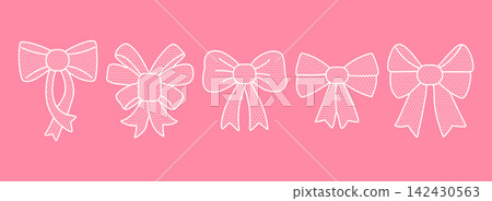 Set of White Lace Bows on Pink Background Set of White Lace Bows on Pink Background 142430563