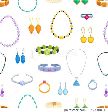 Gold silver jewelry seamless pattern. Different necklaces with beads and pendant, rings and bracelettes with gems, earrings various design, vector background 142430811