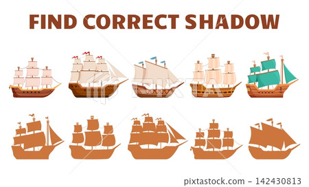 Find correct ship shadow. Simple educational game for toddlers with cartoon vintage vessels. Different retro wooden boats. Funny children play vector template Find correct ship shadow. Simple educational game for toddlers with cartoon vintage vessels. Different retro wooden boats. Funny children play vector template 142430813