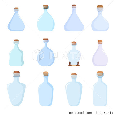 Empty glass bottles different design. Isolated cartoon bottle for souvenirs, toys, collectible models. Elements for water or liquids, vector clipart Empty glass bottles different design. Isolated cartoon bottle for souvenirs, toys, collectible models. Elements for water or liquids, vector clipart 142430814