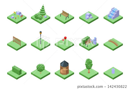 City garden elements. Isometric outdoor bench, fountain, tree. Park 3d design objects on green ground. Decorations for design of public space, vector set 142430822