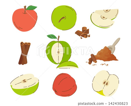 Cinnamon sticks powder and apples. Cut apple, slice, half with seeds. Fruits harvest season, agriculture local market fresh products. Autumn pie ingredients, vector set Cinnamon sticks powder and apples. Cut apple, slice, half with seeds. Fruits harvest season, agriculture local market fresh products. Autumn pie ingredients, vector set 142430823