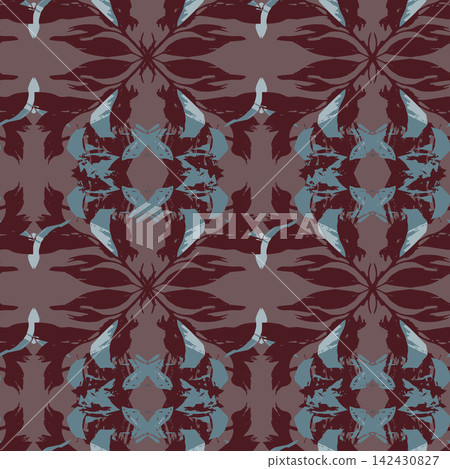 Abstract seamless botanical pattern with brush stroke leaves of Elaeagnus thorny olive in burgundy and blue tones for fabric, wallpaper, backdrop. Abstract seamless botanical pattern with brush stroke leaves of Elaeagnus thorny olive in burgundy and blue tones for fabric, wallpaper, backdrop. 142430827
