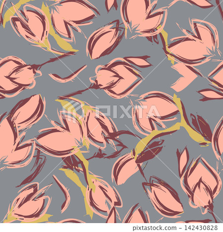 Seamless pattern with painted pink fragrant sweet broom (Cytisus) flowers and brush strokes on grey background for fashion textile, wallpaper, print. Seamless pattern with painted pink fragrant sweet broom (Cytisus) flowers and brush strokes on grey background for fashion textile, wallpaper, print. 142430828