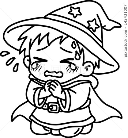 A cute little witch girl holding back tears of sadness | A fantasy line art illustration of a girl praying with anxiety. 142431007