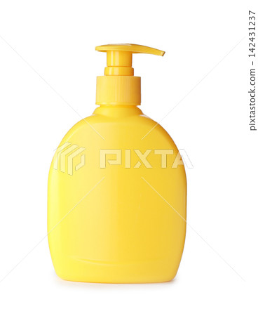 Yellow plastic dispenser isolated on white. Mockup for design Yellow plastic dispenser isolated on white. Mockup for design 142431237