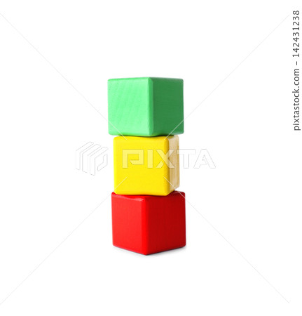 Stack of colorful wooden cubes isolated on white Stack of colorful wooden cubes isolated on white 142431238