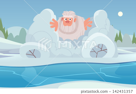 Fluffy yeti popping out of snow drifts by frozen lake vector illustration Fluffy yeti popping out of snow drifts by frozen lake vector illustration 142431357