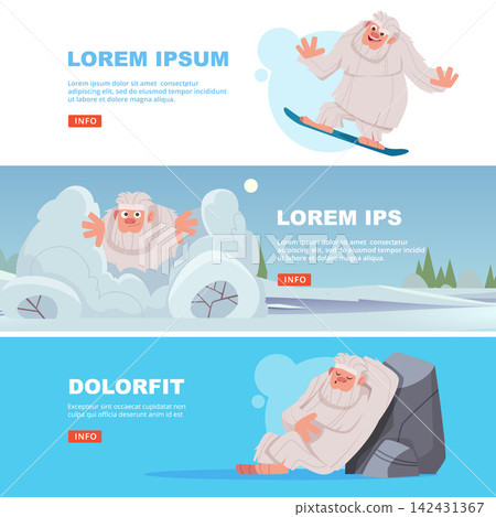 Cute yeti snowboarding, peeking and resting web banner set Cute yeti snowboarding, peeking and resting web banner set 142431367