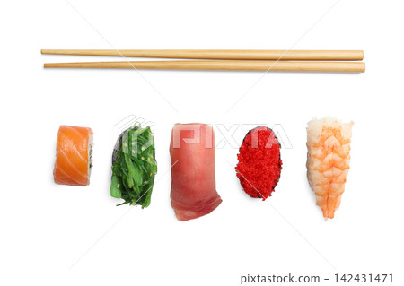 Set of delicious sushi isolated on white, top view Set of delicious sushi isolated on white, top view 142431471