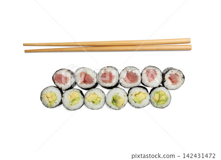 Set of delicious sushi rolls on white background, top view 142431472