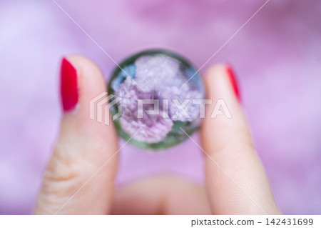 Hydrangeas blooming beautifully through a glass bead Hydrangeas blooming beautifully through a glass bead 142431699