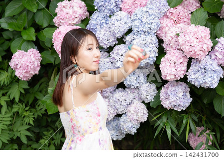 一位年輕女子在繡球花前擺姿勢拍照 一位年輕女子在繡球花前擺姿勢拍照 142431700