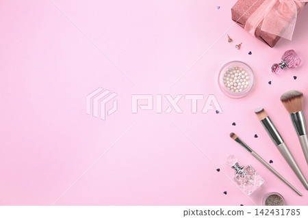 Flat lay composition with cosmetics and stylish accessories on pink background. Space for text Flat lay composition with cosmetics and stylish accessories on pink background. Space for text 142431785