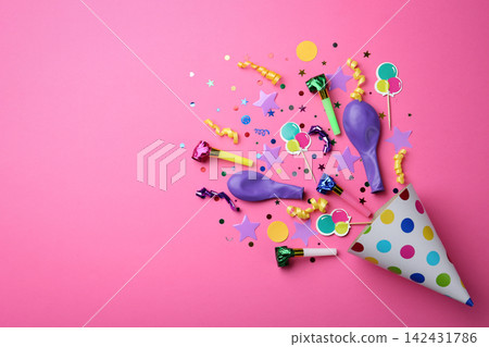 Flat lay composition with party cap on pink background. Space for text Flat lay composition with party cap on pink background. Space for text 142431786