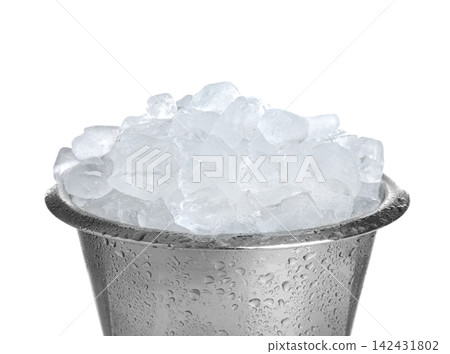 Metal bucket with ice cubes isolated on white Metal bucket with ice cubes isolated on white 142431802