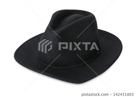 Black hat isolated on white. Stylish accessory Black hat isolated on white. Stylish accessory 142431803