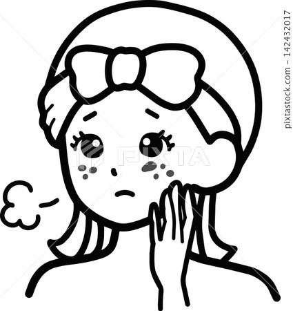 Illustration of a woman troubled by blemishes; a cute line drawing showing her concern about skin problems and rough skin. Illustration of a woman troubled by blemishes; a cute line drawing showing her concern about skin problems and rough skin. 142432017