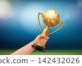 Realistic hand soccer trophy. Best player hold golden ball cup, winner award ceremony reward celebrate football league game success team leadership victory 3d vector illustration 142432026