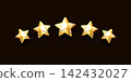 Realistic gold stars. 3d golden five star 5 icon, review badge premium quality award achievement trophy excellent service yellow glitter metal balloon shape y2k vector illustration 142432027