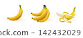 Realistic banana. Peeled skin banana tropical fruit, bunch bananas exotic sweet plant healthy natural food yellow ripe fruits 3d isolated vector illustration 142432029