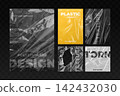 Polyethylene texture. Torn plastic wrap cover design mockup, realistic stretch film transparent wrapper clear shiny foil pack cellophane wrinkle grunge shrink vector illustration 142432030