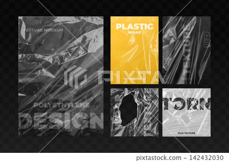 Polyethylene texture. Torn plastic wrap cover design mockup, realistic stretch film transparent wrapper clear shiny foil pack cellophane wrinkle grunge shrink vector illustration 142432030