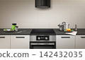Kitchen stove interior. Realistic induction hob, home cooking table counter modern oven cooktop saucepan plate clean apartment cook dining room background 3d vector illustration 142432035