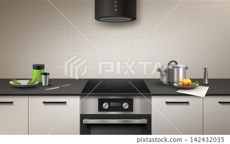 Kitchen stove interior. Realistic induction hob, home cooking table counter modern oven cooktop saucepan plate clean apartment cook dining room background 3d vector illustration Kitchen stove interior. Realistic induction hob, home cooking table counter modern oven cooktop saucepan plate clean apartment cook dining room background 3d vector illustration 142432035