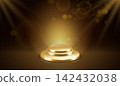 Golden podium dark background. Award ceremony stage, empty gold platform winner trophy pedestal light sparkle spotlight bokeh luxury night event show realistic vector illustration 142432038